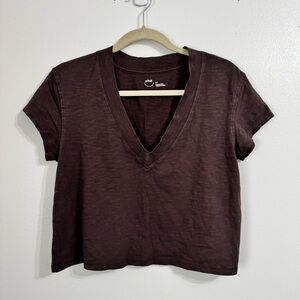 Aerie V-Neck Brown Boxy Crop Short Sleeve Top Top